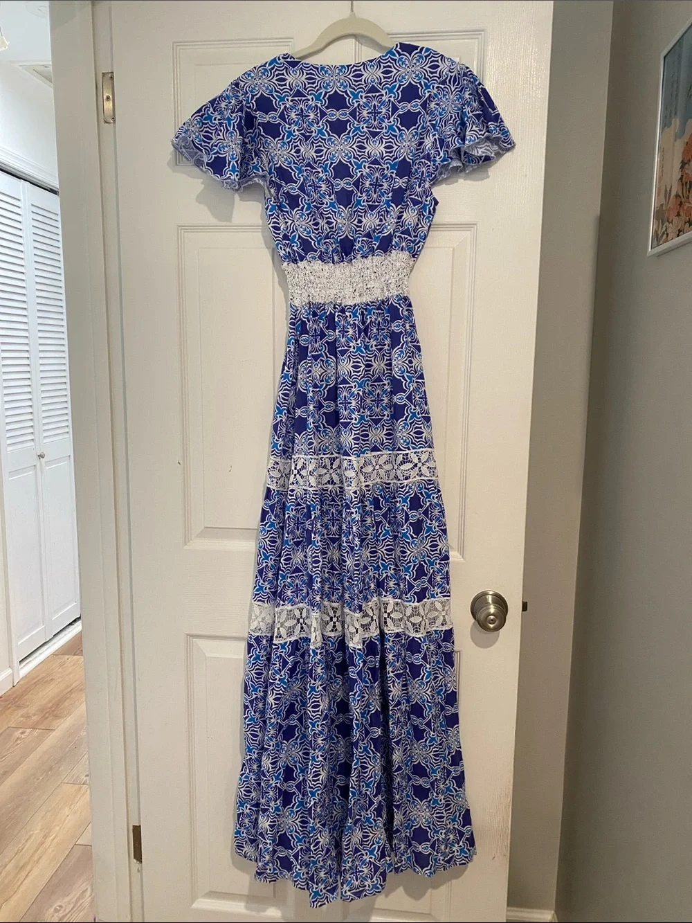 Blue Floral V-Neck Maxi Dress with Lace Trim